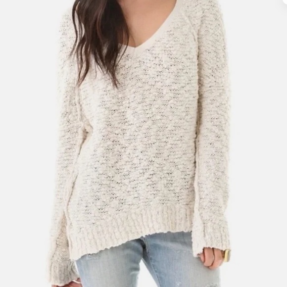 Free People Boho Boucle Knit Cream Songbird V-Neck Sweater Women’s Sz Sm - Picture 1 of 9
